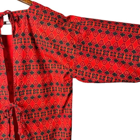 Vintage RAMA Thailand Size Large Thai Cotton Tie Back Half Sleeve Blouse Print - Picture 6 of 16